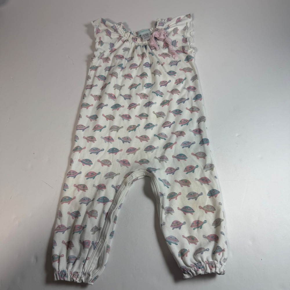 Feather Baby Pima Cotton Turtle Print Sleeveless Romper Pink Teal 9-12 Months